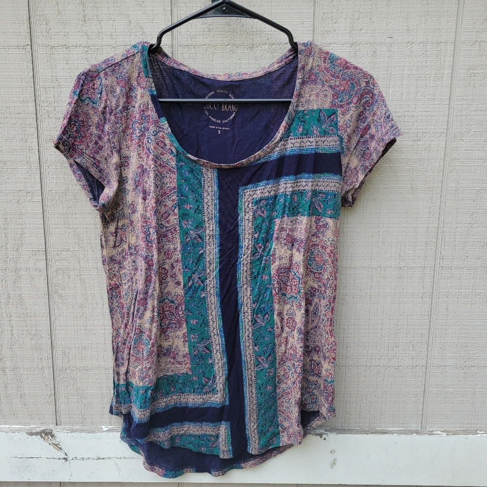 Lucky Brand Boho Stripe Paisley Bandana Print Short Sleeve Tee T-Shirt Small